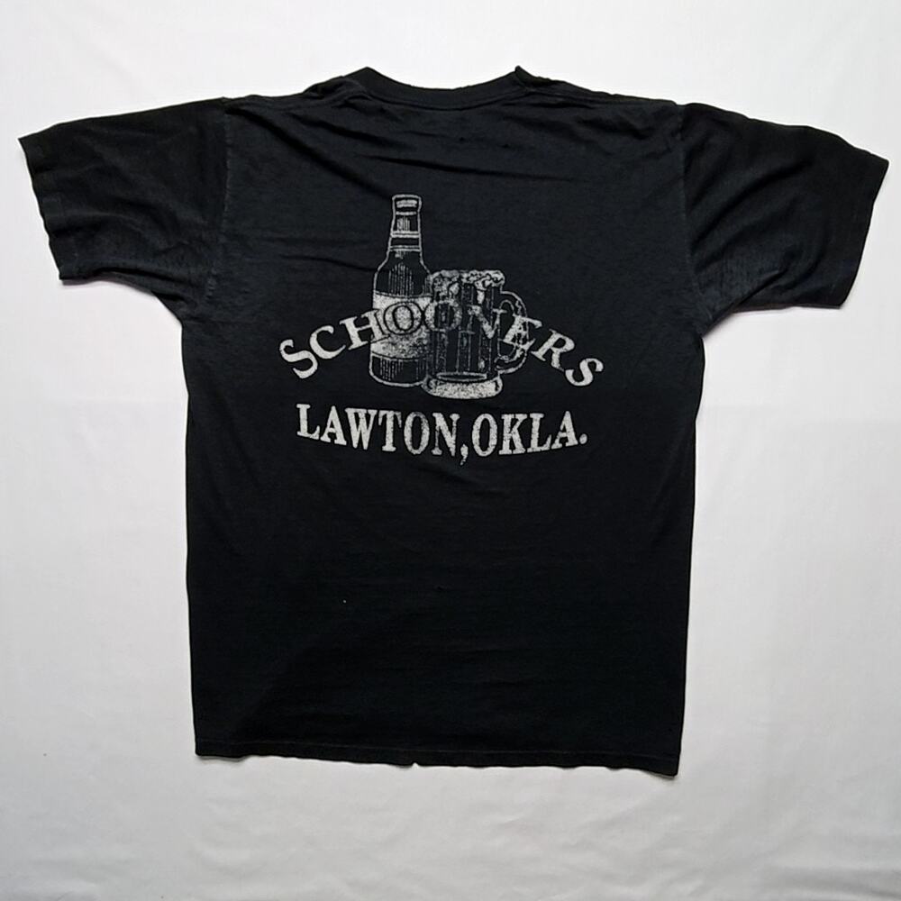 Vintage Schooners Lawton OK Shirt Beer Distressed Black Large Mens Bar Tee 90s